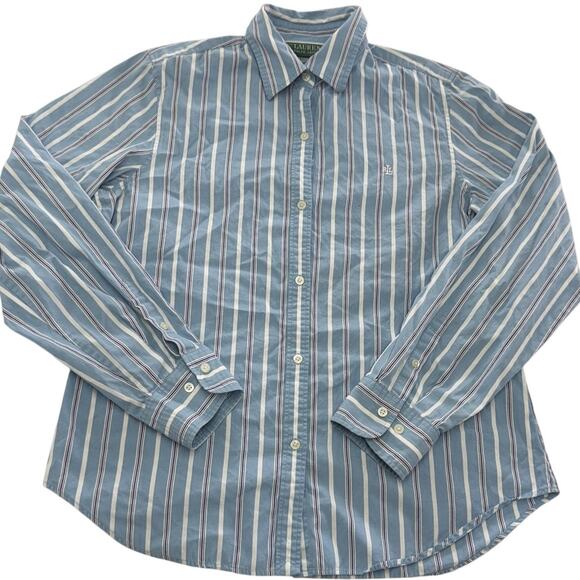 Lauren Ralph Lauren Shirt Women Medium Blue White Stripe Button Down Long Sleeve - Picture 1 of 6